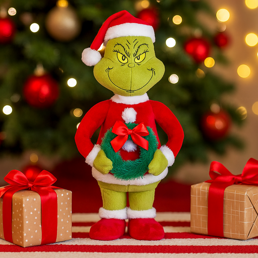 Animated Small Grinch Side Stepper with Wreath in Santa Suit – Dr. Seuss Christmas Decor