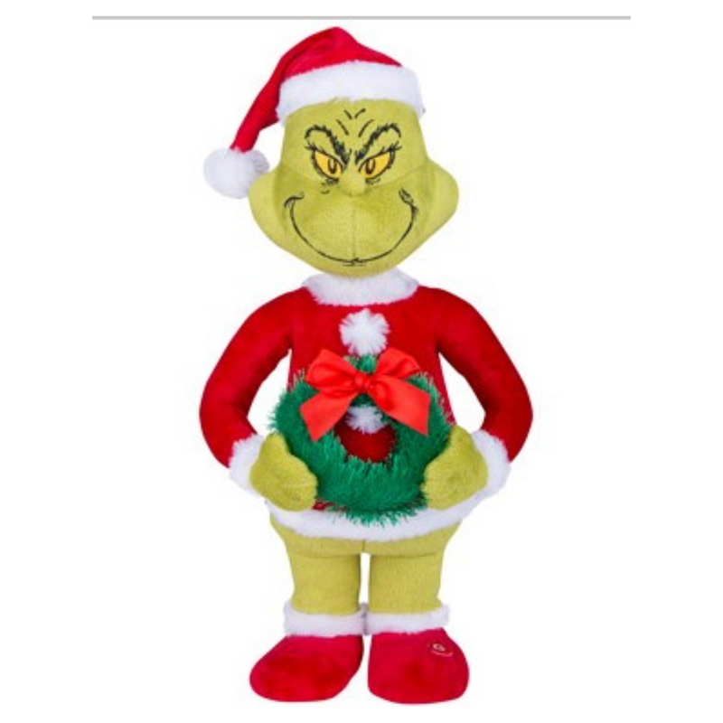 Animated Small Grinch Side Stepper with Wreath in Santa Suit – Dr. Seuss Christmas Decor