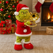 Plush Grinch figure standing and playing a trombone, wearing a Santa suit with animated features.