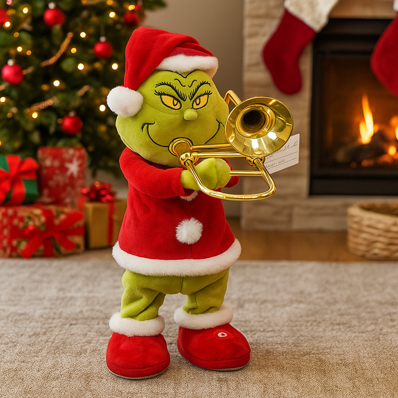 Plush Grinch figure standing and playing a trombone, wearing a Santa suit with animated features.