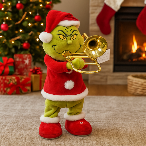 Plush Grinch figure standing and playing a trombone, wearing a Santa suit with animated features.