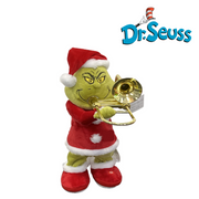 Plush Grinch figure standing and playing a trombone, wearing a Santa suit with animated features.