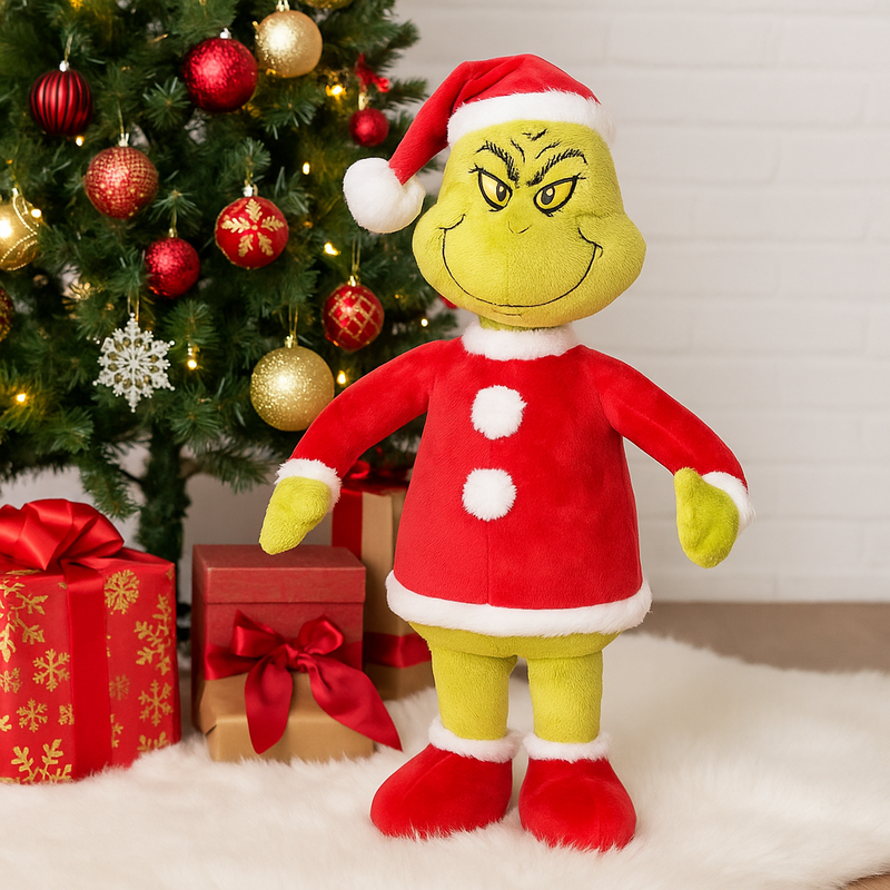 Grinch in a red Santa suit waddling forward, inspired by ‘You’re a Mean One, Mr. Grinch’, festive holiday figure.