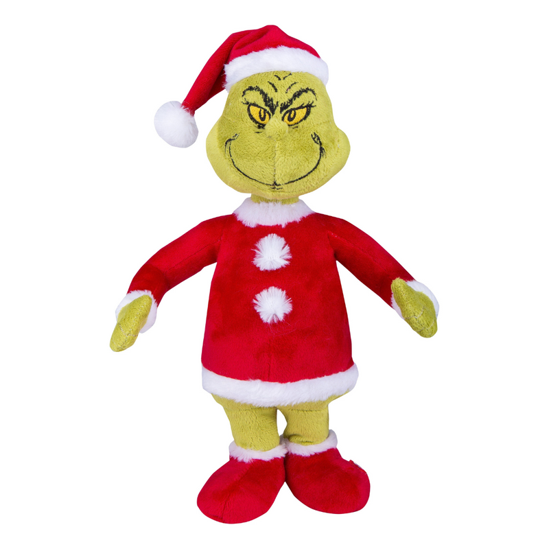 Grinch in a red Santa suit waddling forward, inspired by ‘You’re a Mean One, Mr. Grinch’, festive holiday figure.