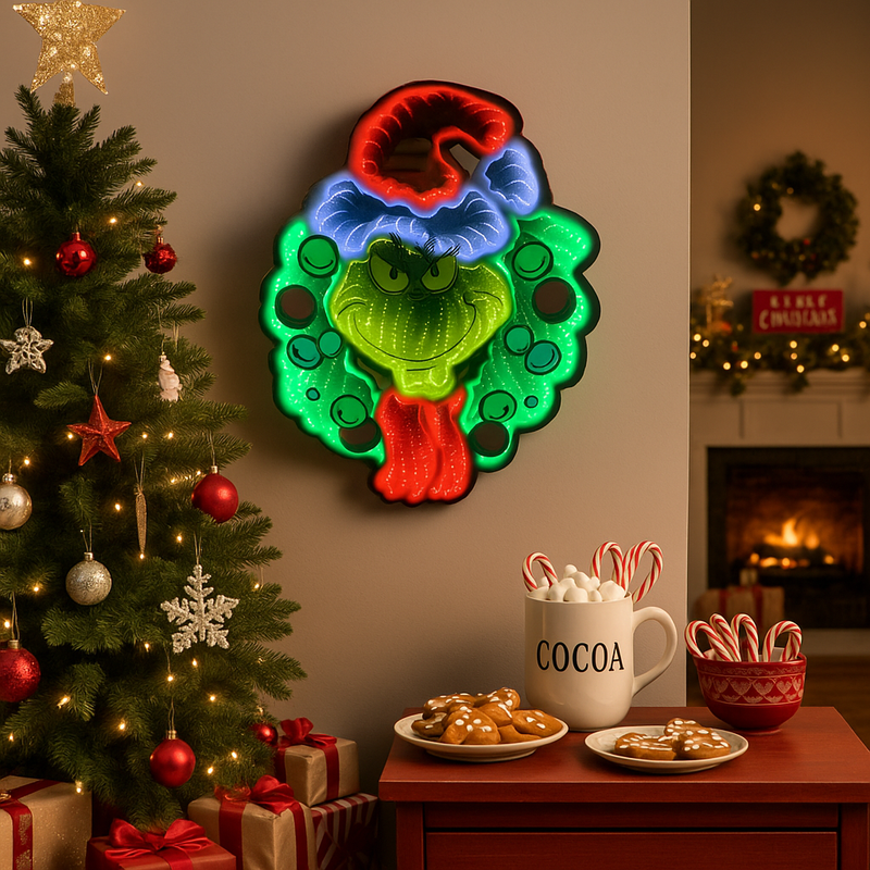 Dr. Seuss Grinch peeking from a glowing wreath with infinity light effect, 40cm Christmas indoor decoration.