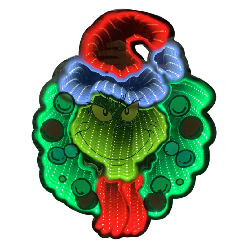 Dr. Seuss Grinch peeking from a glowing wreath with infinity light effect, 40cm Christmas indoor decoration.