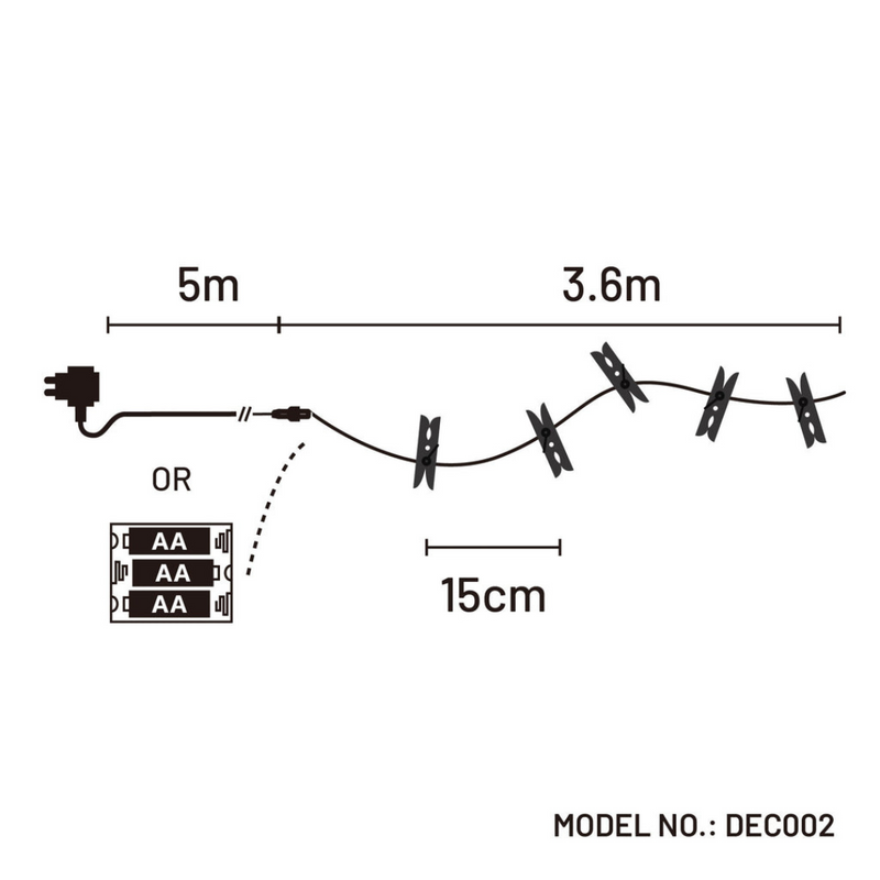 Dual Power 24 LED String Light With Clamps – decorative photo clip string lights with battery or USB power option