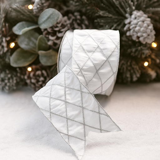 White dupion ribbon with diamond design and wire edge 10cm x 500cm