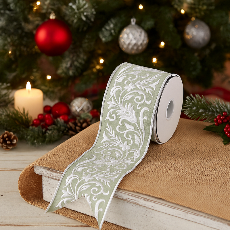 Mint dupion ribbon with white embroidered leaf design, 10cm x 5m roll