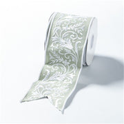 Mint dupion ribbon with white embroidered leaf design, 10cm x 5m roll