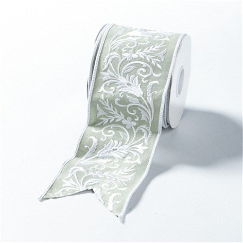 Mint dupion ribbon with white embroidered leaf design, 10cm x 5m roll