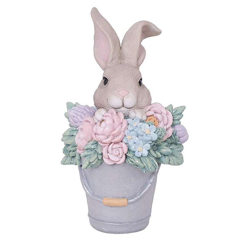 Resin bunny in pail figurine with flowers