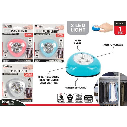 Battery operated LED push light for closets