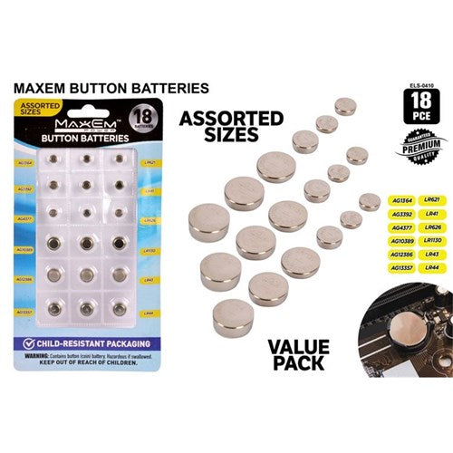 18 piece assorted button cell batteries