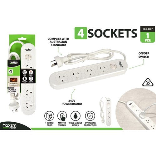 4 outlet powerboard with master switch