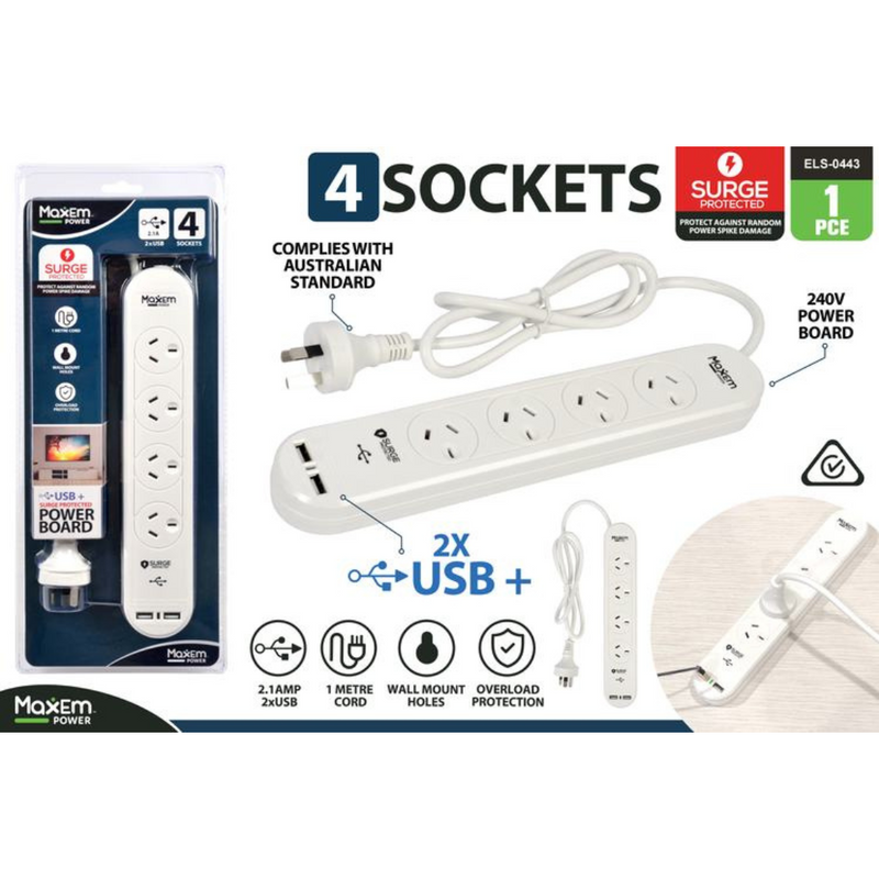 4 Way Powerboard W/1Switch (Surge) & 2USB
