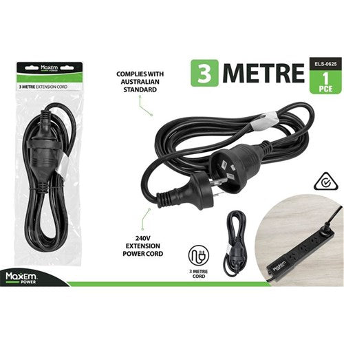 Black 3m power extension lead