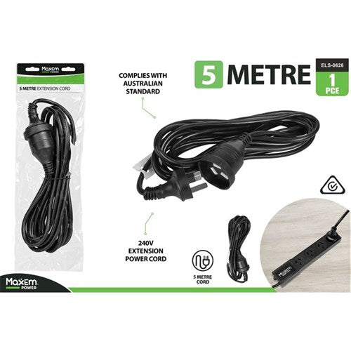 Black 5 meter power extension lead