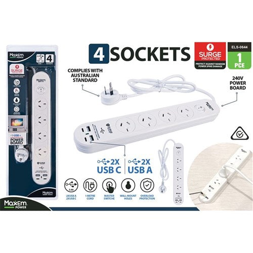 4 outlet power board with surge protection and USB