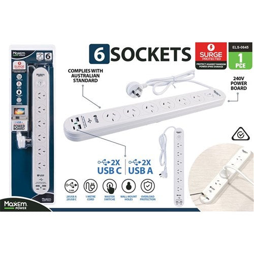 6 outlet power board with surge protection and USB
