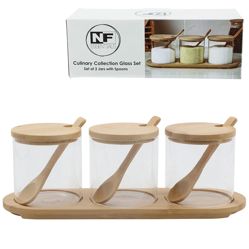 Set of 3 glass jars with spoons on tray