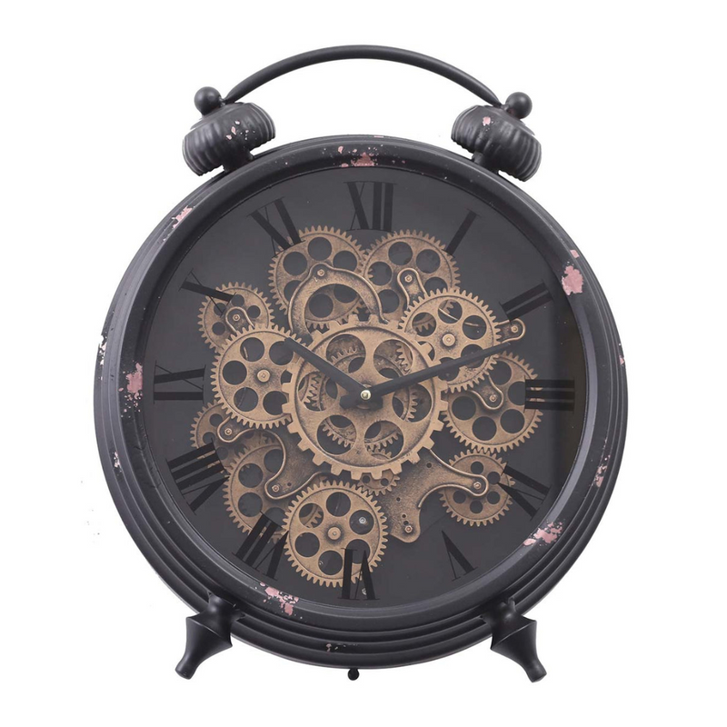 Eddison black round wall clock with exposed gears and Roman numerals, 45cm