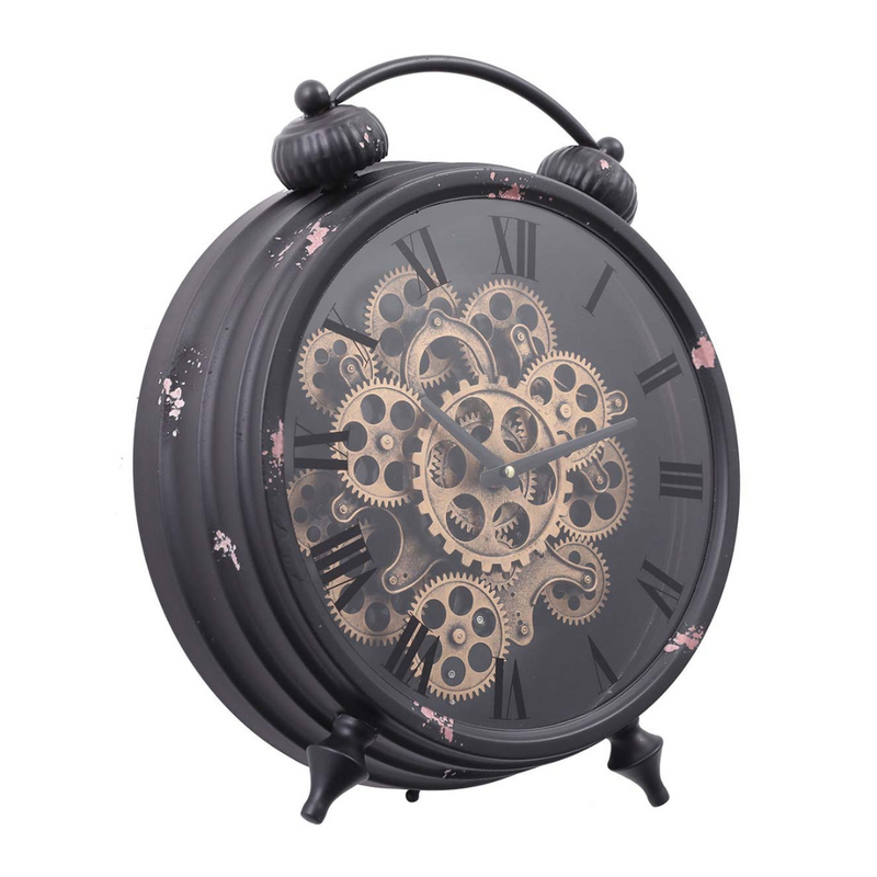 Eddison black round wall clock with exposed gears and Roman numerals, 45cm