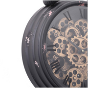 Eddison black round wall clock with exposed gears and Roman numerals, 45cm
