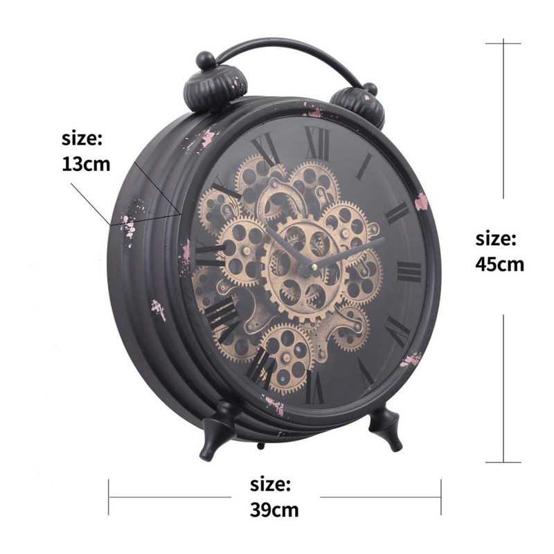 Eddison black round wall clock with exposed gears and Roman numerals, 45cm