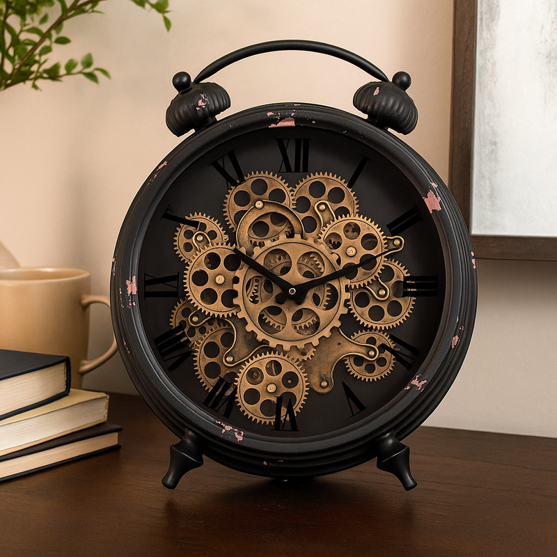 Eddison black round wall clock with exposed gears and Roman numerals, 45cm