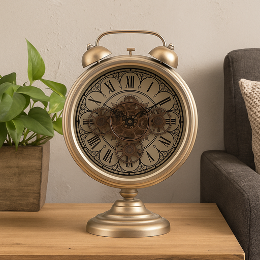 Eddison 52cm Gold Metal Twin Bell Desk Clock with Moving Gears – Vintage Industrial Design