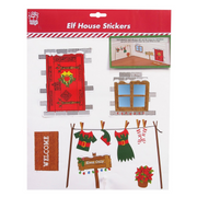 Elf House Sticker Sheet featuring festive Christmas elves, gifts, candy canes, and gingerbread house designs