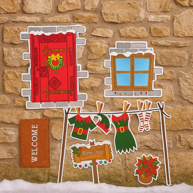 Elf House Sticker Sheet featuring festive Christmas elves, gifts, candy canes, and gingerbread house designs