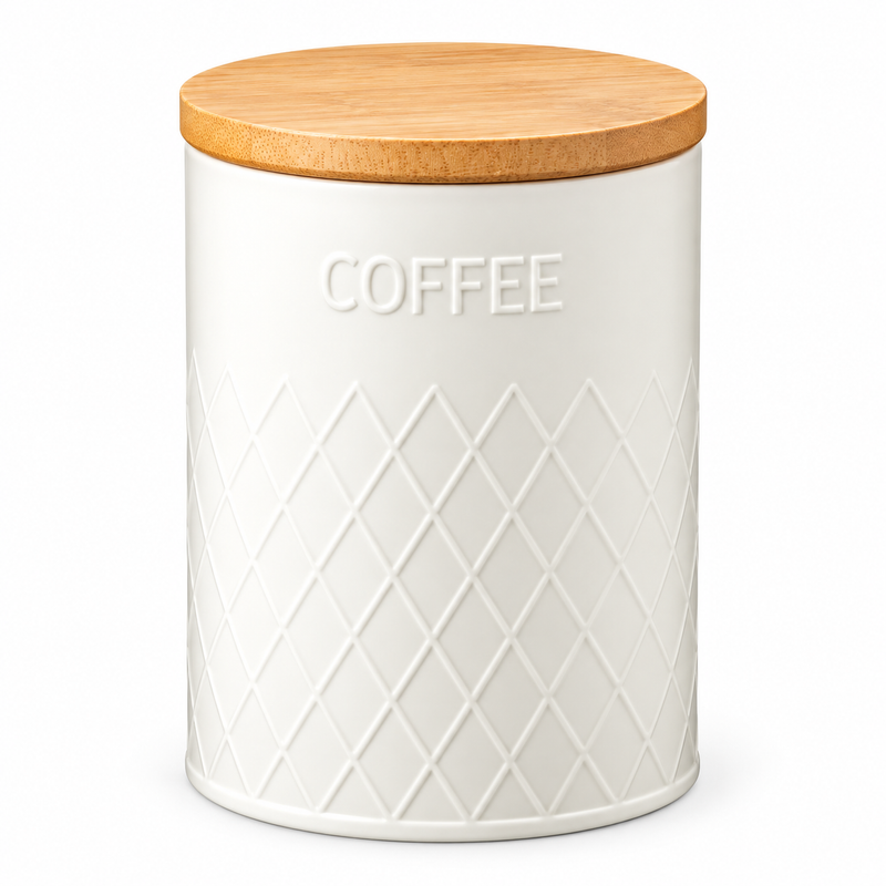 Tea Coffee Sugar Round Diamond Bamboo Lid White 11.4x16cm