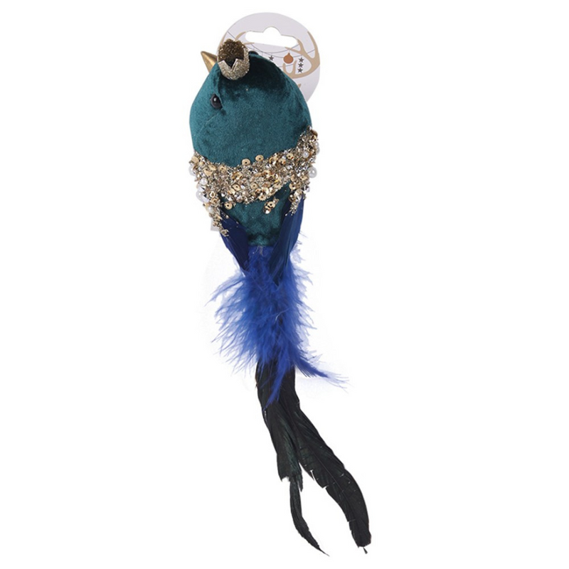 Ronis Emerald Velour Bird with Clip 7x8x29cm