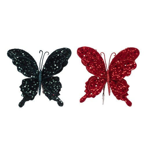 Emerald green and red sequin butterfly decoration with clip, 23x20cm assorted festive design