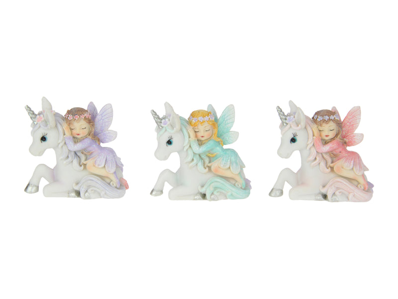 Miniature fairy laying on unicorn figurine assorted