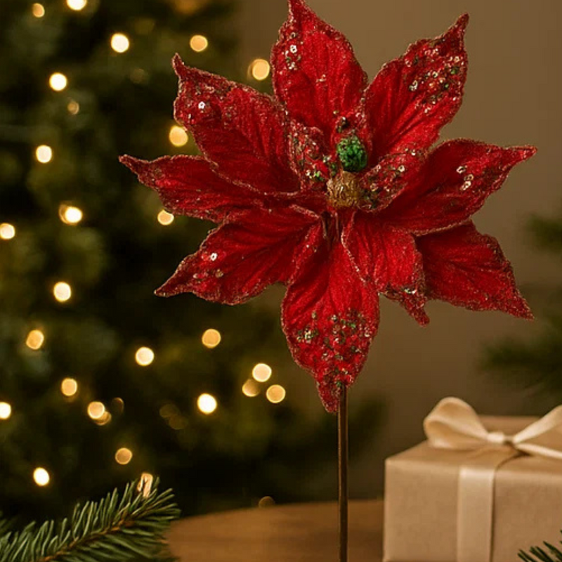 Christmas Flower Red Poinsettia 25cm with Multicolour Jewels on Stem 46cm