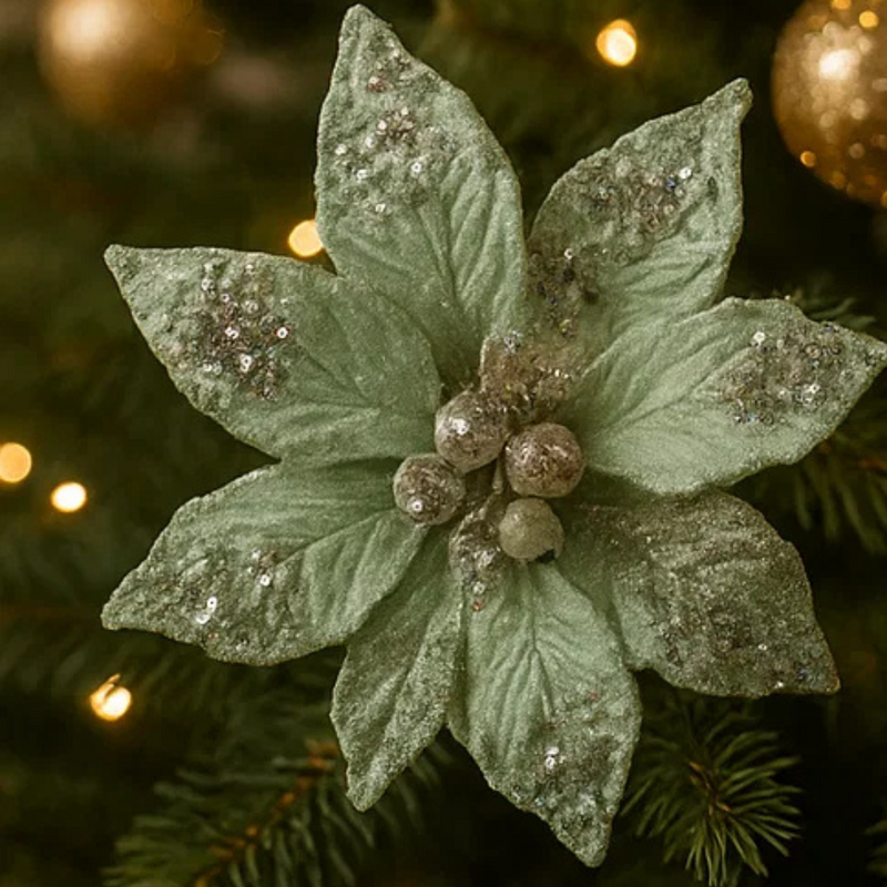 Christmas Flower Soft Green Poinsettia Clip On 20cm