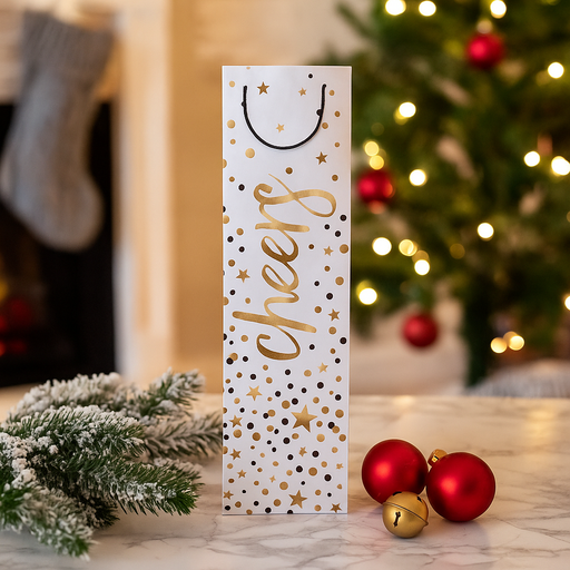 FSC Mix Christmas Bottle Gift Bag Cheers Gold – Sustainable gift bag with festive gold foil design for wine or champagne