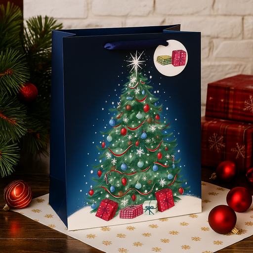 Jumbo FSC Mix Christmas gift bag with traditional tree design and rope handles
