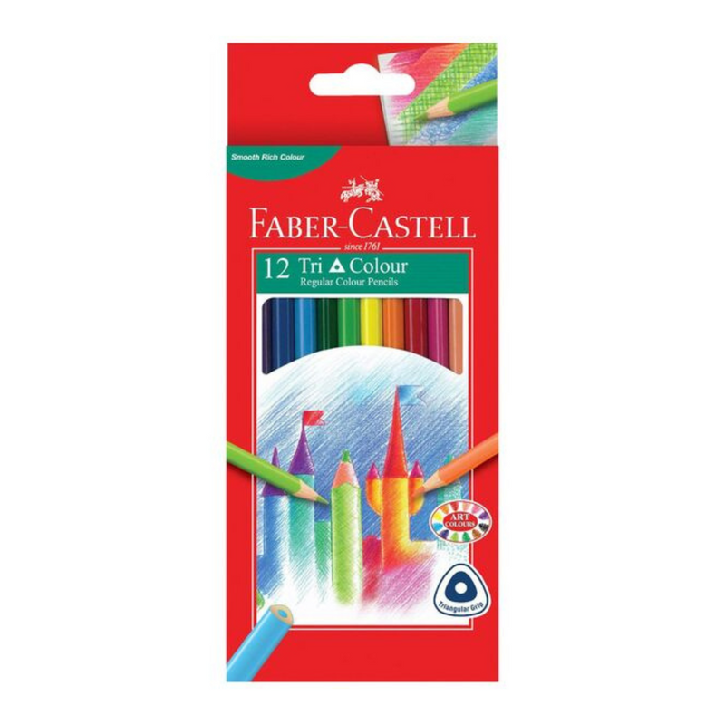 Faber-Castell Triangular Colour Pencils assorted pack of 12 – ergonomic coloured pencils for kids and students