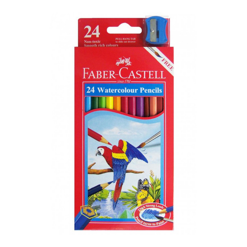 Faber-Castell Watercolour Pencils assorted 24pk with brush and sharpener – water-soluble coloured pencils for painting