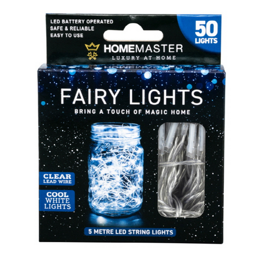 Ronis Fairy Lights Battery Operated 50 LED 5m Cool White 2 Function Clear Wire