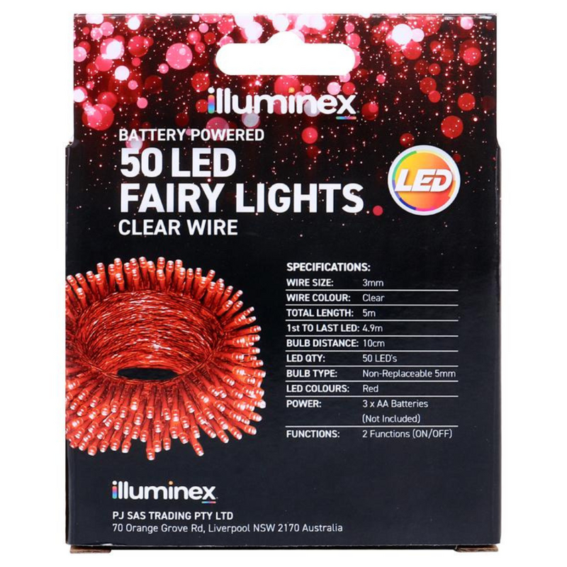 Battery operated 50 red LED fairy lights with clear wire, 500cm long, featuring 2 functions – perfect for festive indoor decorating