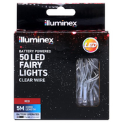 Battery operated 50 red LED fairy lights with clear wire, 500cm long, featuring 2 functions – perfect for festive indoor decorating – thumbnail