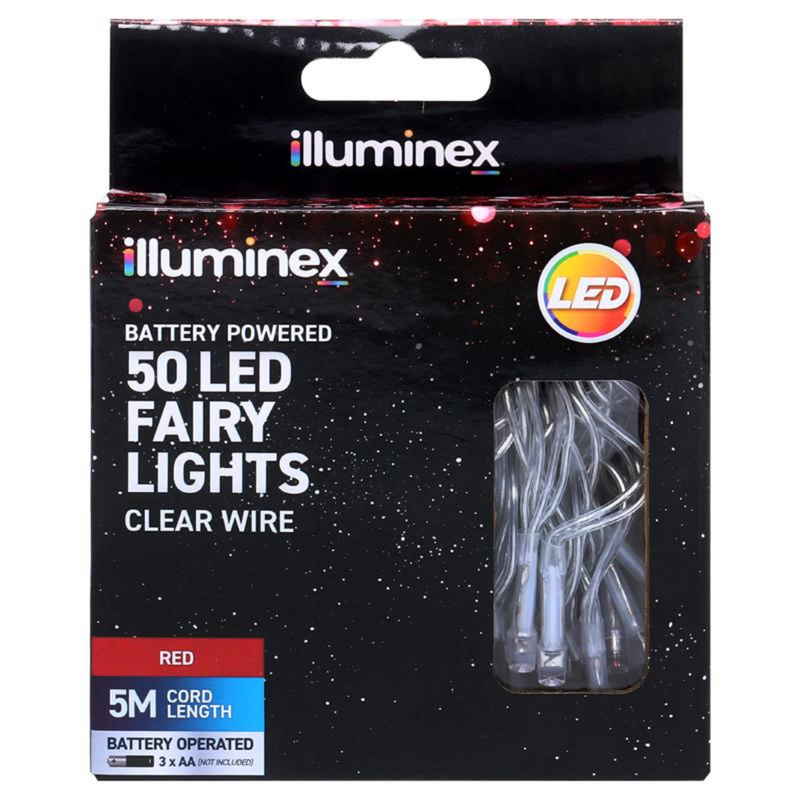 Battery operated 50 red LED fairy lights with clear wire, 500cm long, featuring 2 functions – perfect for festive indoor decorating