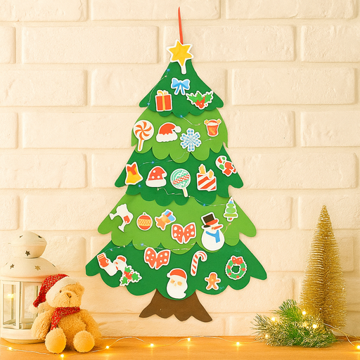 Felt Light Up Wall Tree DIY 24 Decos Battery Operated – Christmas wall-mounted felt tree with LED lights and detachable ornaments