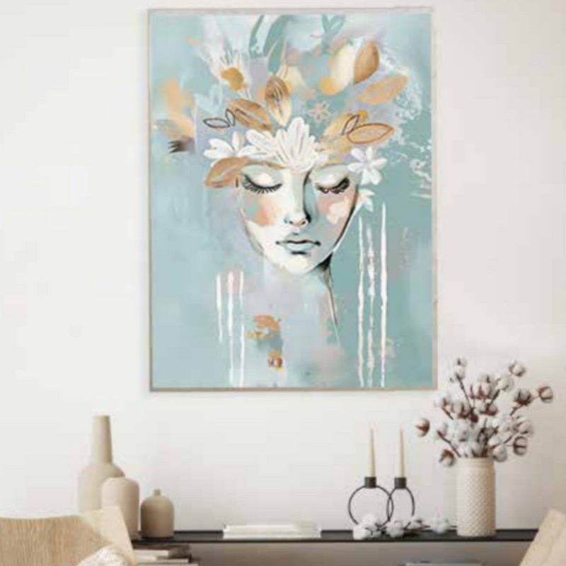 Feminine Flora framed wall art 70x100cm with 30% painted textured finish and wood grain frame 5x1cm, botanical floral décor