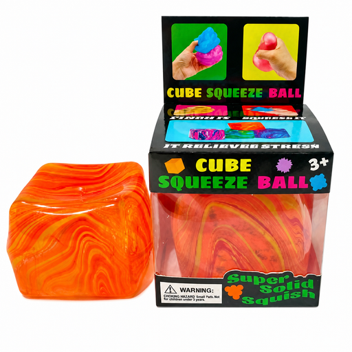 Cube Squeeze Ball with packaging on a white background